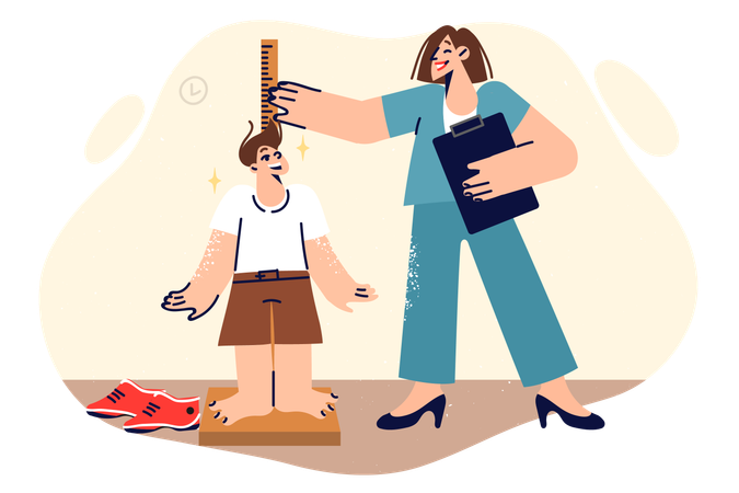 Woman paediatrician measures height of little boy and smiles and enjoying work in children clinic  Illustration