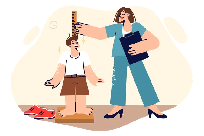 Woman paediatrician measures height of little boy and smiles and enjoying work in children clinic  Illustration