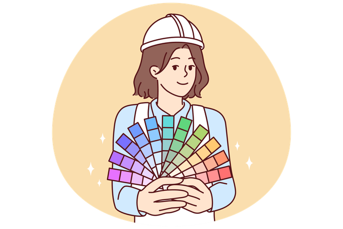 Woman painter holds paper palette offers to choose right color for painting walls  Illustration