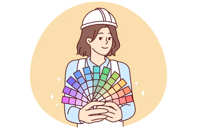 Woman painter holds paper palette offers to choose right color for painting walls  Illustration