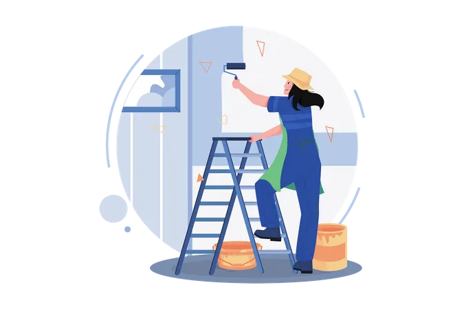 Woman Painter Painting Wall  Illustration