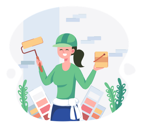 Woman painter painting wall  イラスト