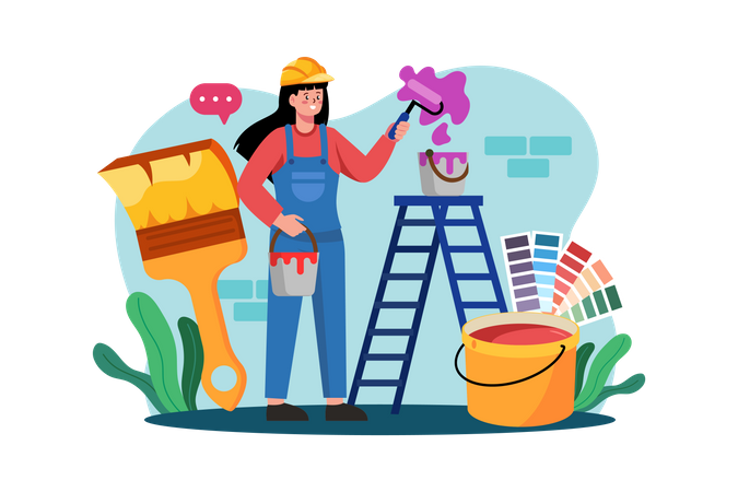 Woman Painter Painting Wall  イラスト