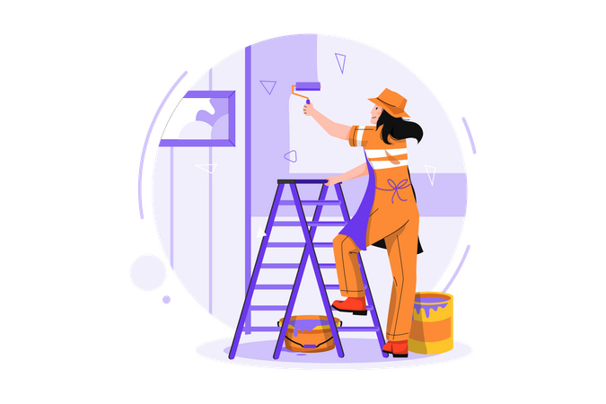Woman painter painting wall  イラスト