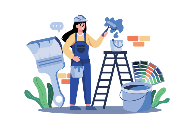 Woman Painter Painting Wall  イラスト