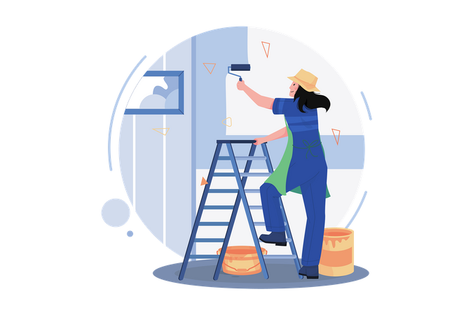 Woman Painter Painting Wall  イラスト