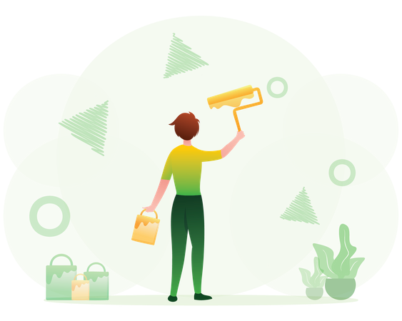 Woman painter with roller and paint bucket  イラスト