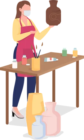 Woman painting clay vase  Illustration