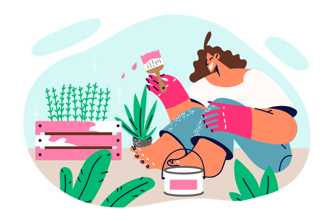 Woman painting garden furniture with plants sitting on ground and making decorations for backyard  Illustration
