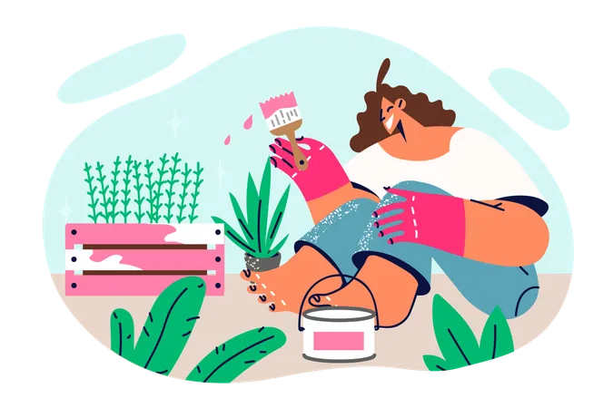 Woman Painting Garden Furniture With Plants Sitting On Ground And Making DIY Decorations For Backyard Of Own House Girl Works As Florist And Changes Color Of Wooden Box For Plants From Garden Illustration
