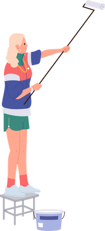 Woman painting wall with roller bush standing on chair  Illustration