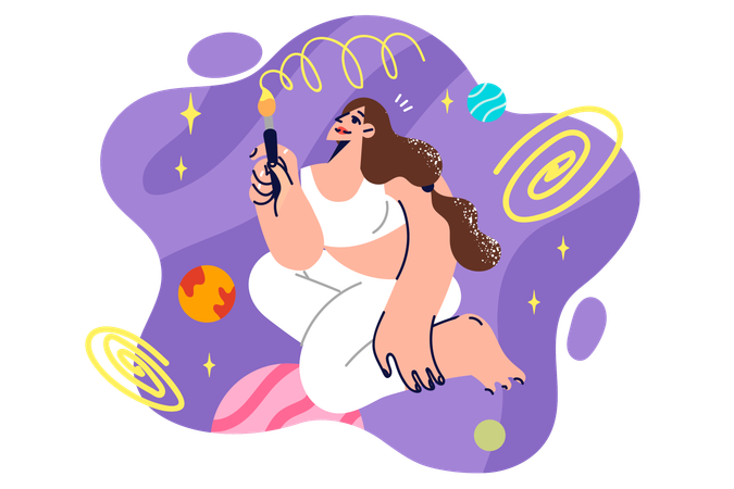 Woman paints space using brushes and watercolor paints  イラスト