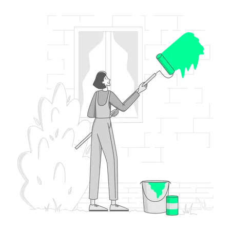 Woman paints the walls of a house  Illustration