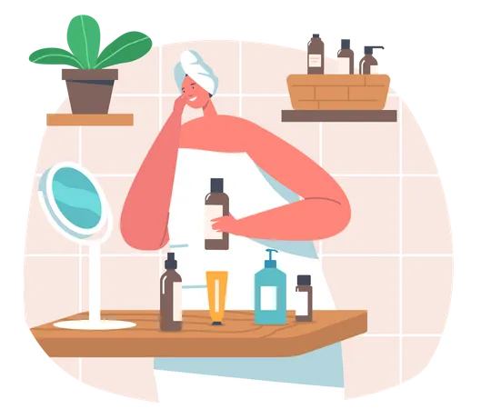 Woman Apply Natural Mineral Cosmetics And Mask Female Character With Cosmetic Jars And Bottles Apply Moisturizing Spa Baths Hygiene Procedure Body And Face Care Concept Cartoon Vector Illustration Illustration