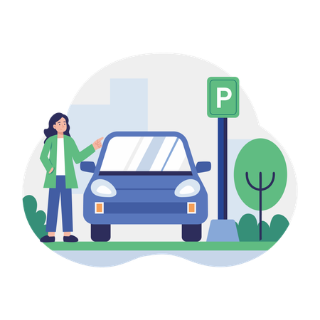 Woman parking car at parking slot  Illustration