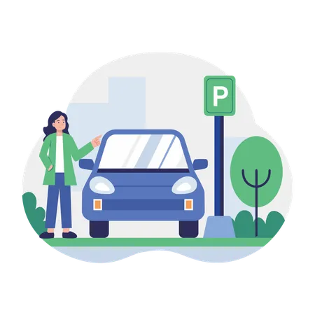 Woman parking car at parking slot  Illustration