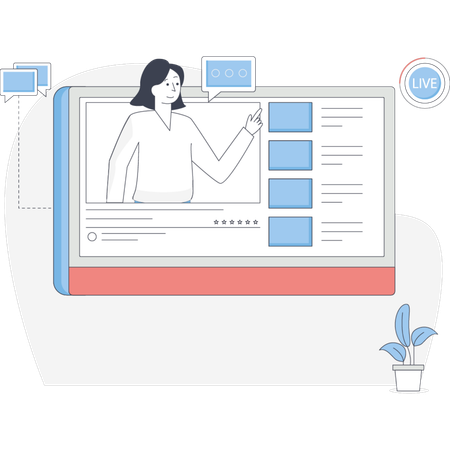 Woman participates in a video call engaging with multiple people displayed on her screen  Illustration