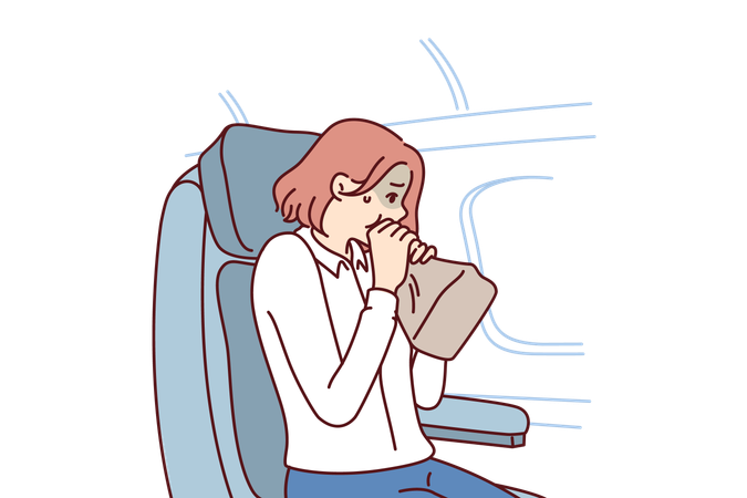 Woman passenger airplane suffers from aerophobia  Illustration
