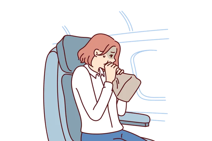 Woman Passenger Of Airplane Suffers From Aerophobia And Breathes Into Paper Bag Sitting In Airliner Near Porthole Girl Client Of Airline Is Stressed Due To Aerophobia Or Getting Into Turbulence Zone Illustration