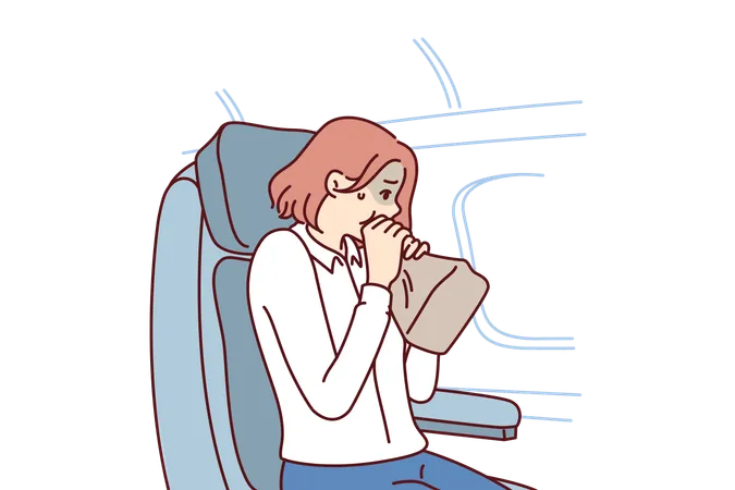 Woman passenger airplane suffers from aerophobia  Illustration