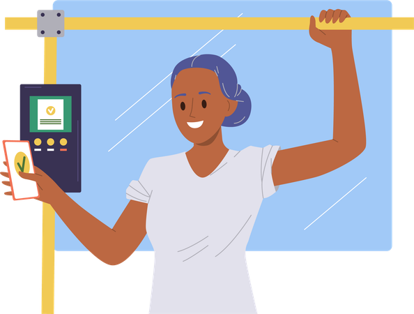 Woman passenger paying for travel by subway or bus using contactless technology  Illustration