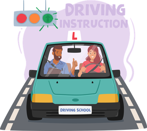 Woman Passionately Hones Her Driving Skills At Driving School  일러스트레이션
