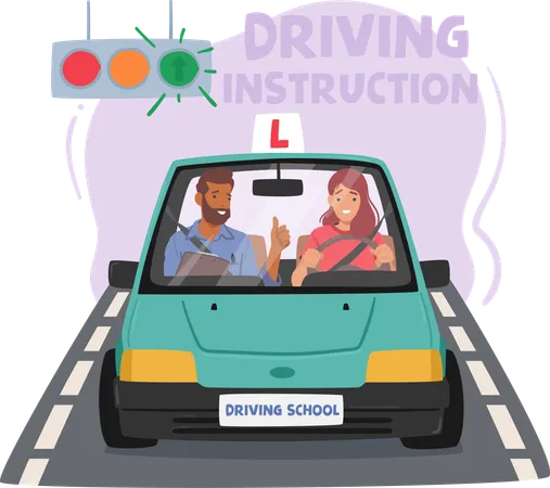 Woman Passionately Hones Her Driving Skills At A Driving School Navigating Through Challenges With Determination Preparing For Road Independence With Each Practiced Turn And Maneuver Vector Illustration
