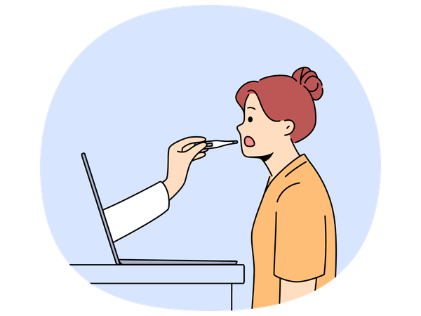 Woman patient uses telemedicine services standing near laptop with doctor  Illustration