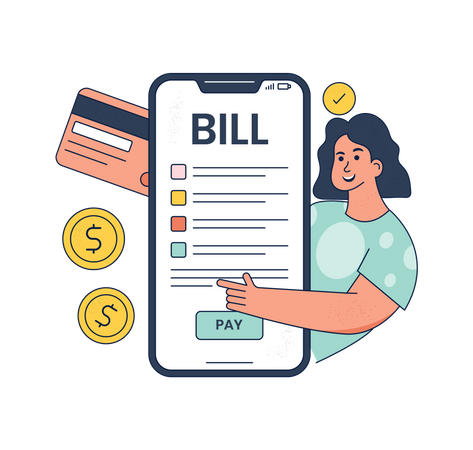 Woman pay bills via card payment  Illustration