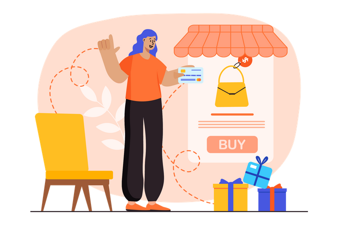 Woman pay using card for online shopping  Illustration