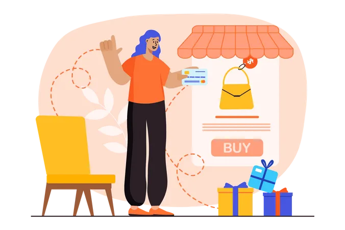 Woman pay using card for online shopping  Illustration