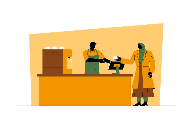 Woman paying bill at coffee shop Illustration