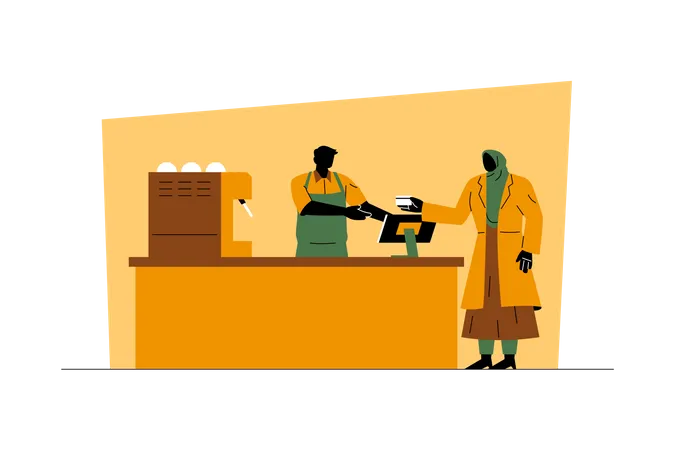 Woman paying bill at coffee shop  Illustration