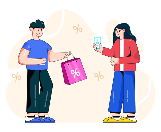 Woman paying cash while getting discount  Illustration