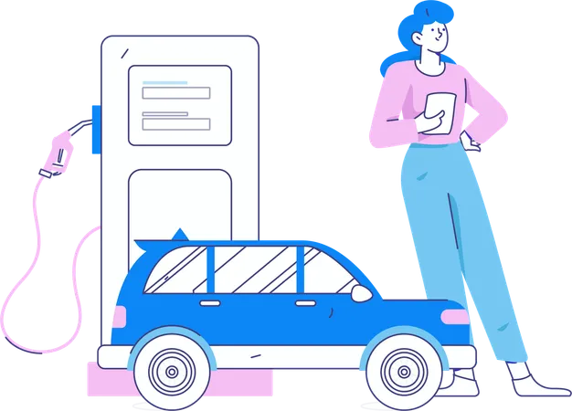 Woman paying credit card bill at fuel pump  Illustration