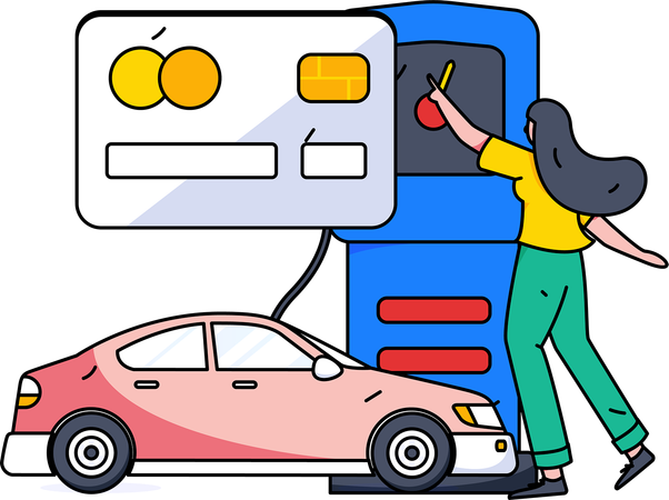 Woman paying credit card bill at fuel pump  Illustration