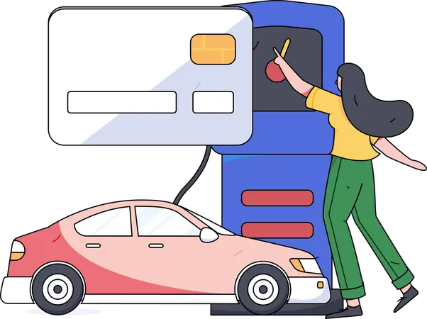 Woman paying credit card bill at fuel pump  Illustration