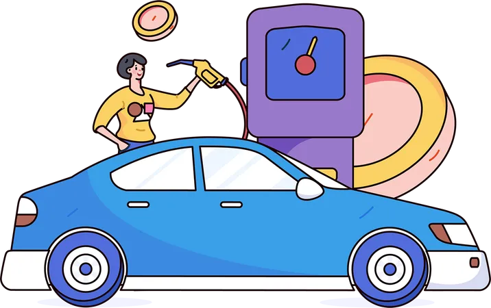 Woman paying currency coin at fuel pump  Illustration