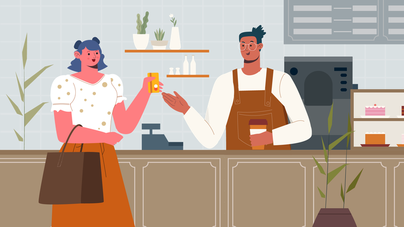 Woman paying for coffee via card at coffee shop  Illustration