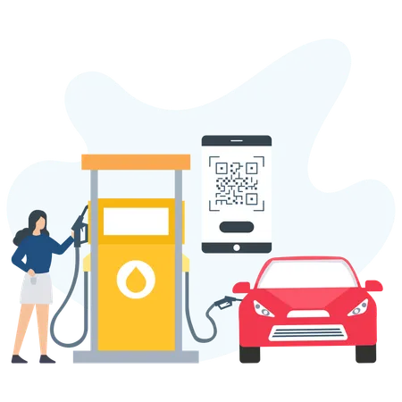 Woman paying for gas via mobile QR scanner  Illustration