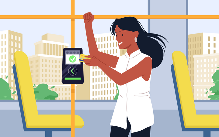 Woman paying for public transport using tap to pay  イラスト