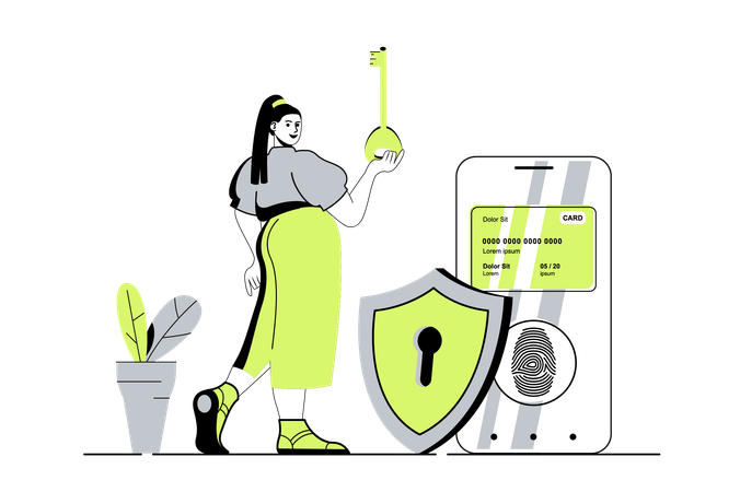 Woman paying for purchases with credit card and protection service with fingerprint scan and personal key  Illustration