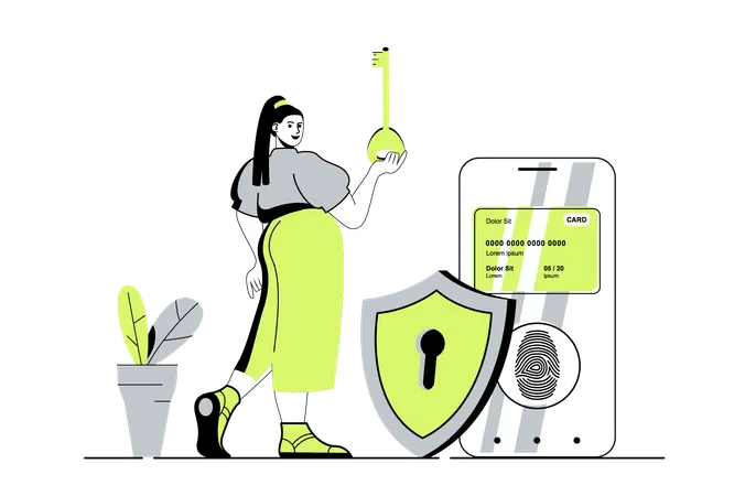 Woman paying for purchases with credit card and protection service with fingerprint scan and personal key  Illustration