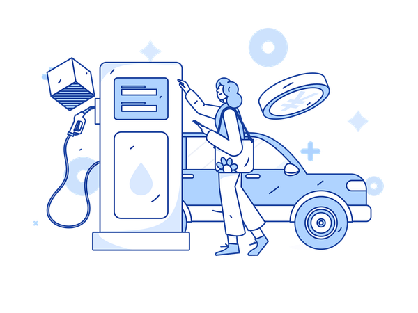 Woman paying gold coin for car refueling  Illustration