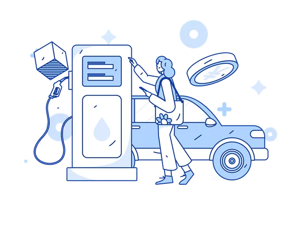 Woman paying gold coin for car refueling  Illustration