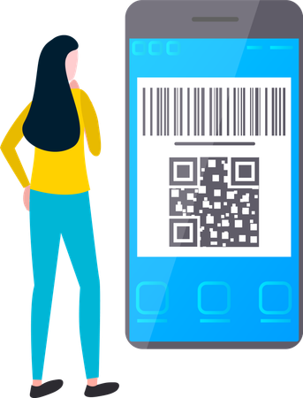 Woman paying money through QR code scanner  Illustration