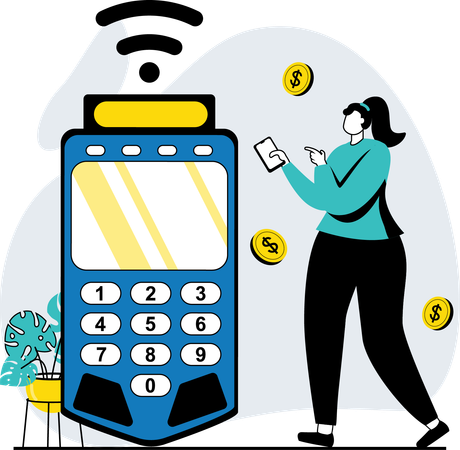Woman paying on POS machine via NFC payment  Illustration