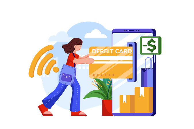 Woman paying online through debit card  Illustration