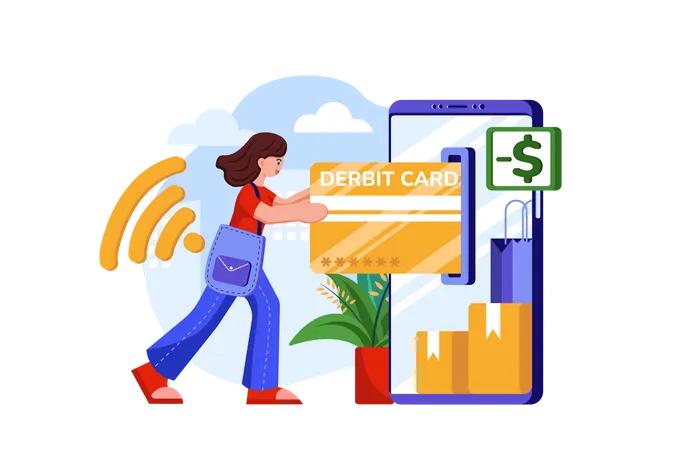 Woman paying online through debit card  Illustration