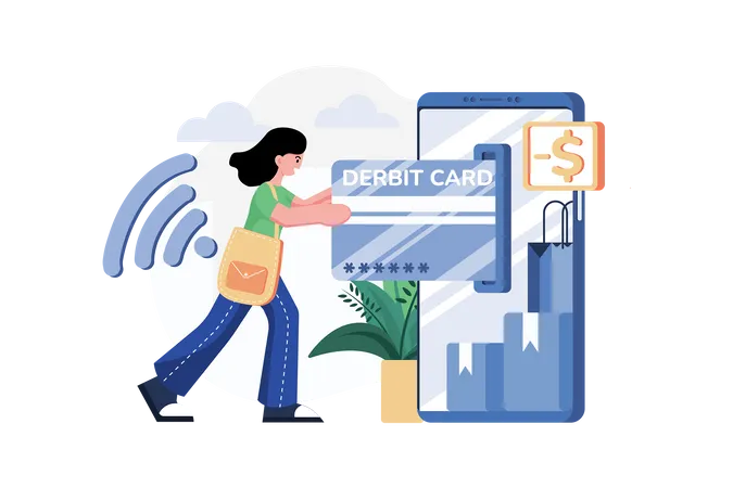 Woman paying online through debit card  Illustration